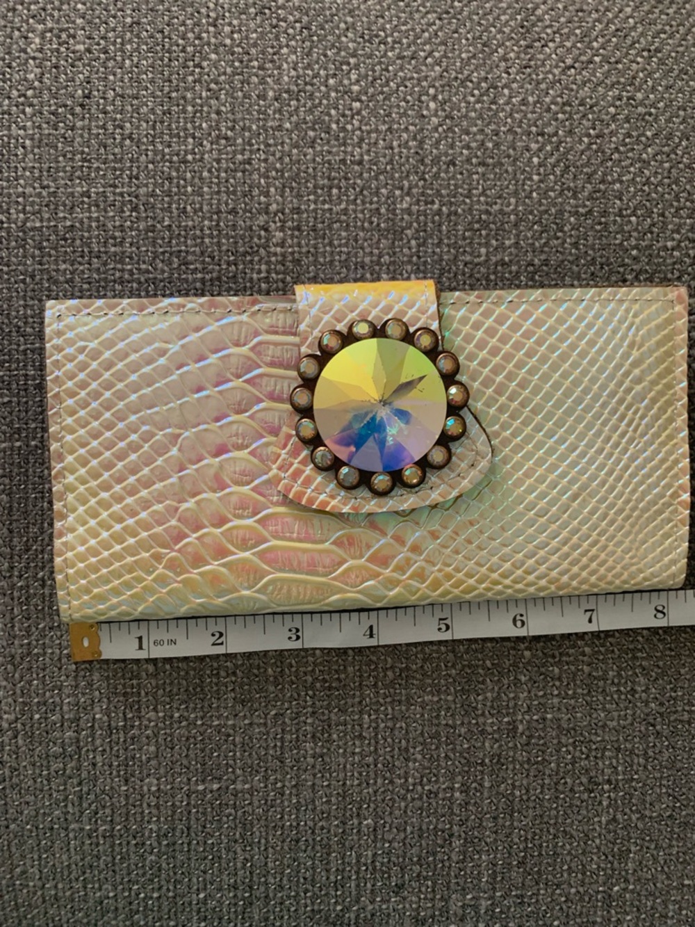 Iridescent Croc-Embossed Women’s Wallet with Crystal Accent - Cream